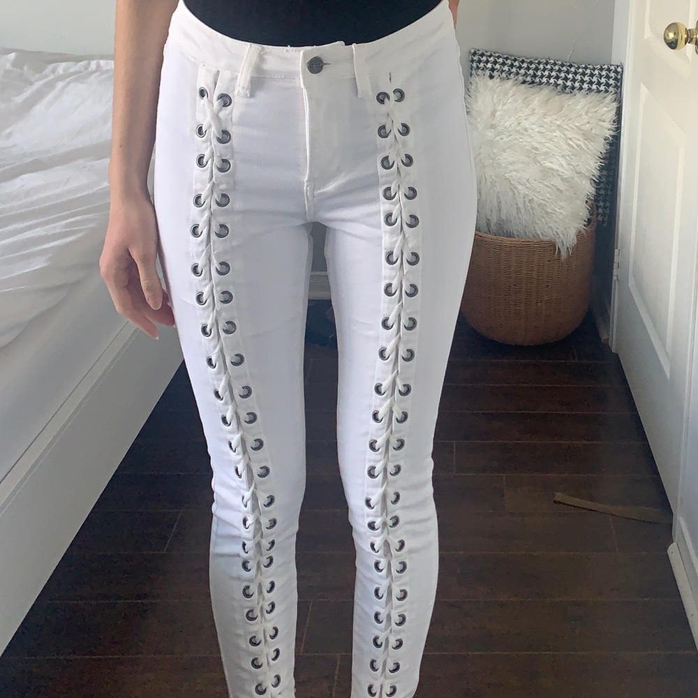 White Lace-Up Jeans